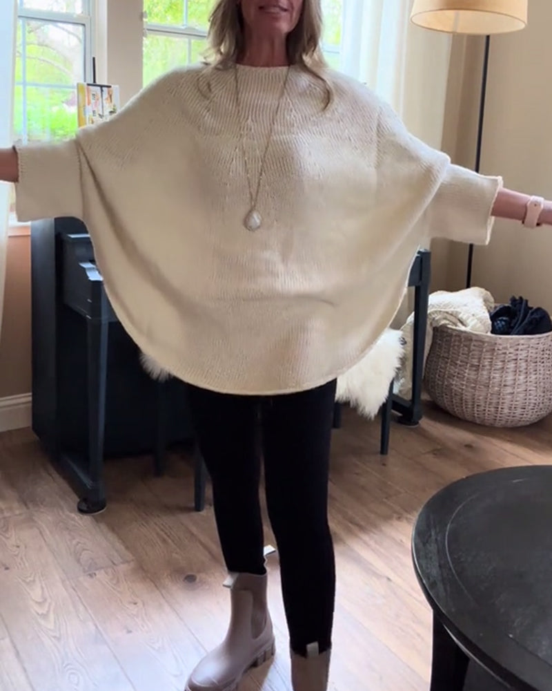 Mote ensfarget flaggermusermet genser med rund hals