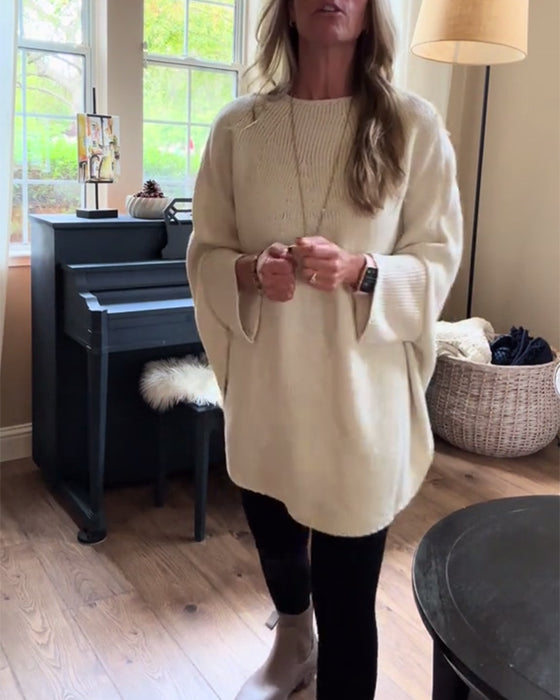 Mote ensfarget flaggermusermet genser med rund hals