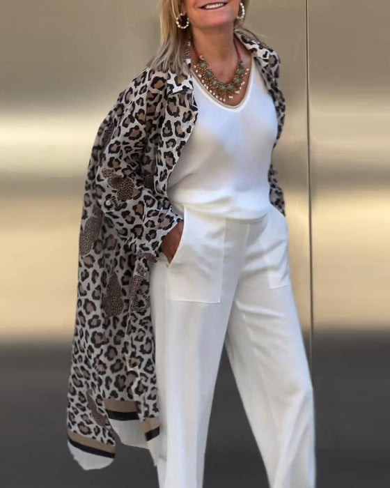 Leopard-print jakkeslag casual lang kåpe