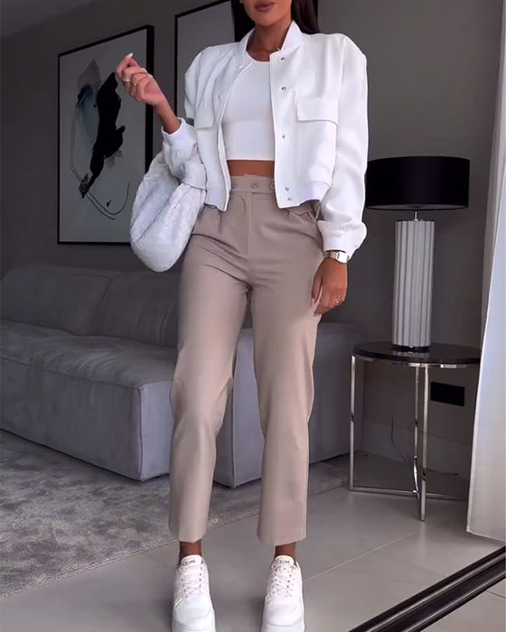 Ensfarget casual dressbukse med lomme
