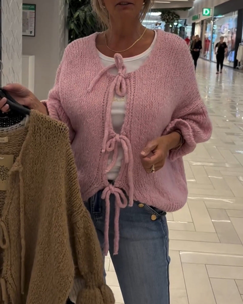 Uformell ensfarget langermet cardigan med snøring