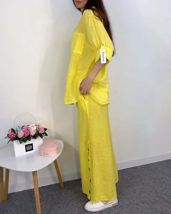 Ensfarget knapplomme blondebluse buksesett med brede ben