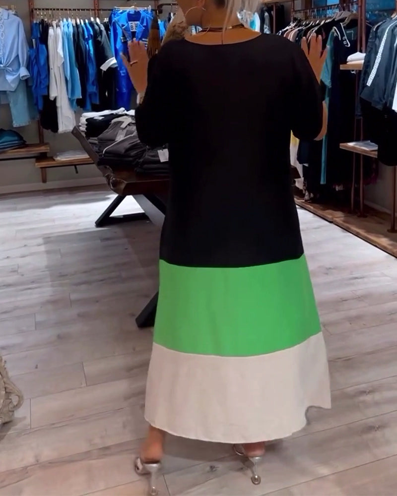 Rundhalset løst patchwork-kjole med fargetrykk