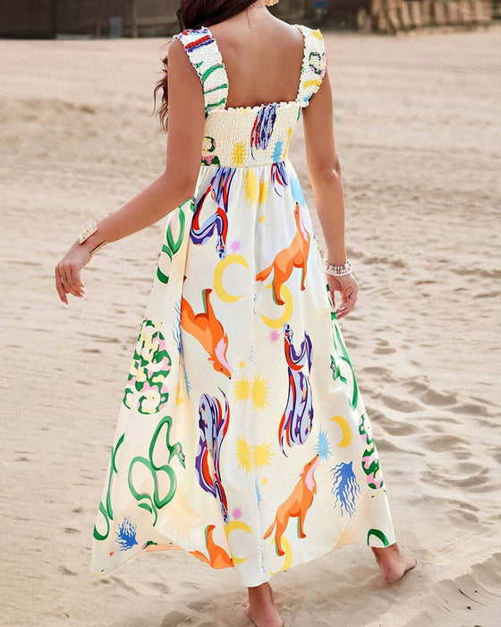 Ermeløs kjole med fargerik dyreprint