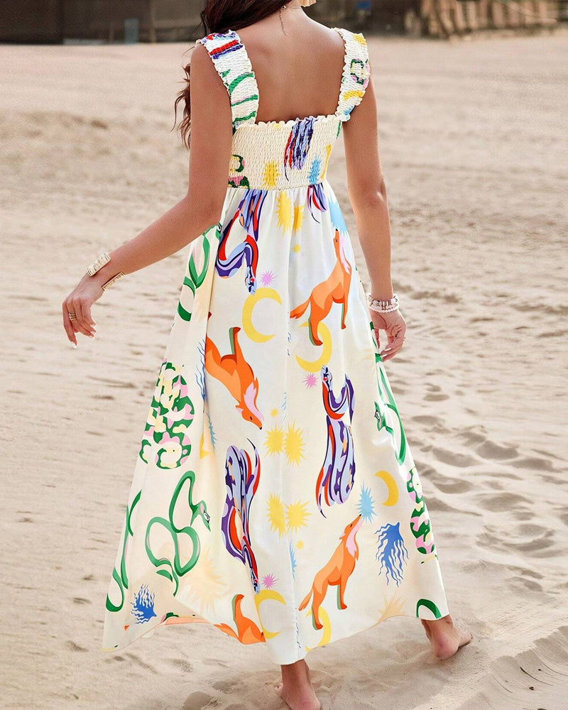 Ermeløs kjole med fargerik dyreprint