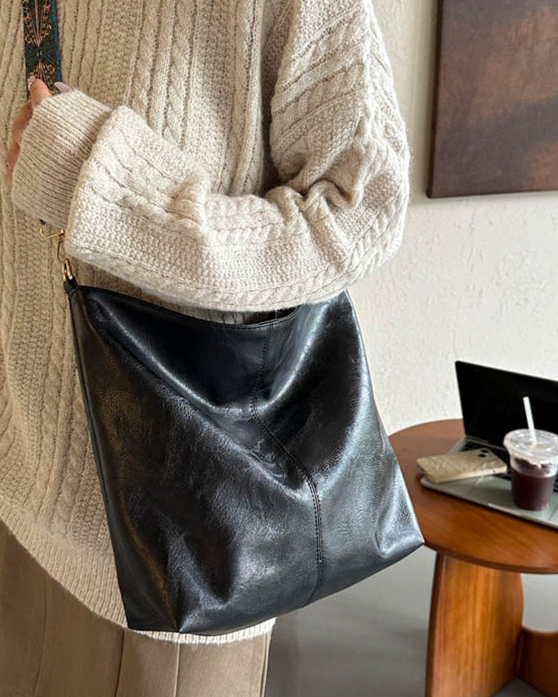 Vintage skulderreim bøtteveske med stor kapasitet