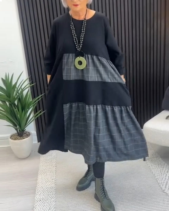 Uformell kjole med rutete patchwork og lomme