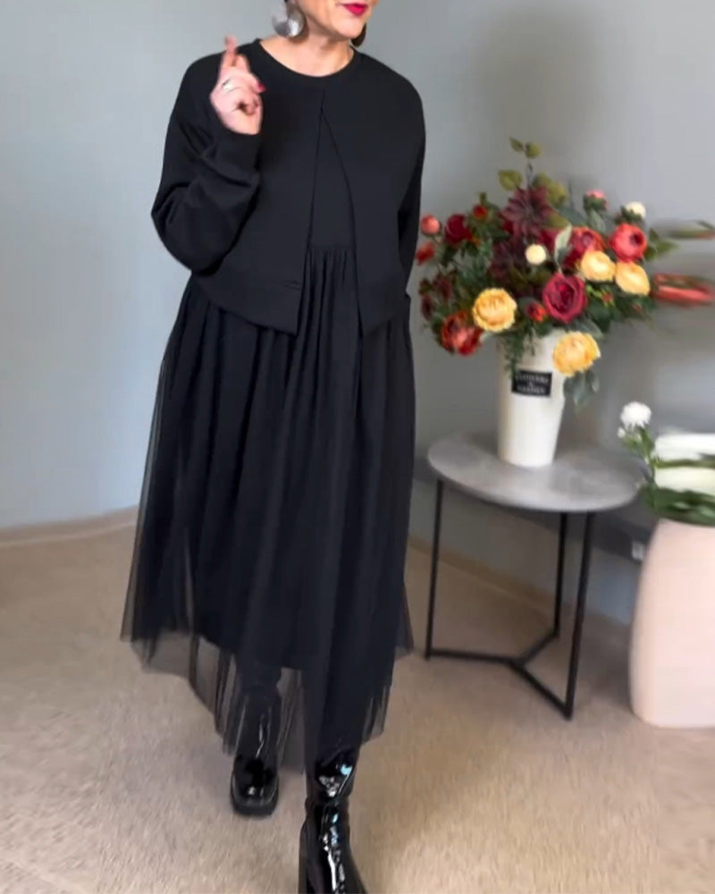Uregelmessig mesh søm ensfarget elegant kjole