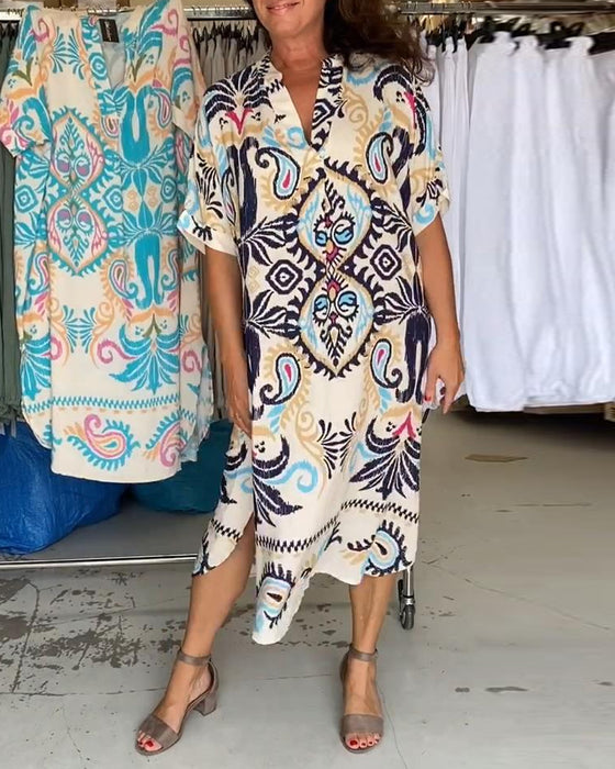 V-hals halvermet bohemsk løs kjole