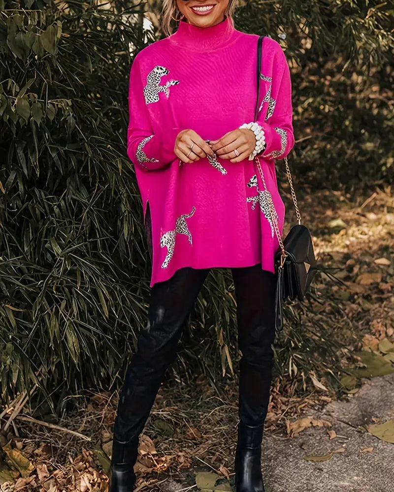 Stilig løs genser med leopardmønster med høy hals