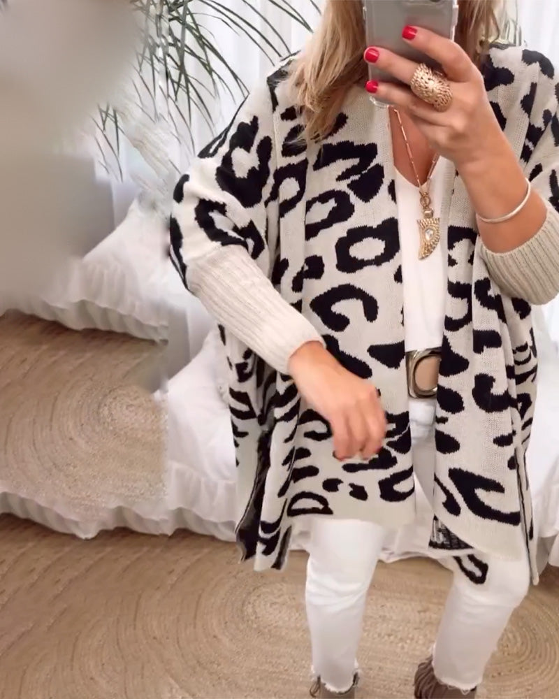 Uformell langermet cardigan med leopardmønster