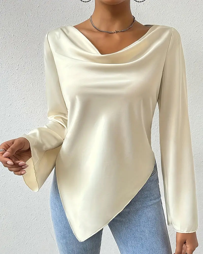 Casual ensfarget uregelmessig bluse med fold og lange ermer