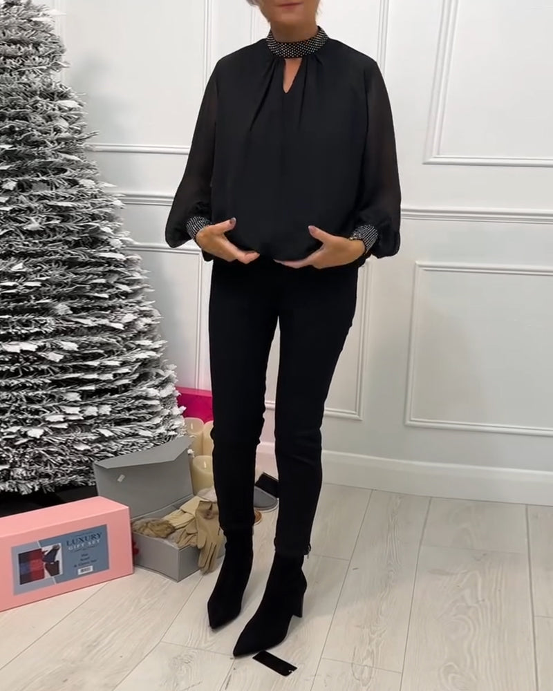 Mote ensfarget bluse med stativ krage patchwork og hul