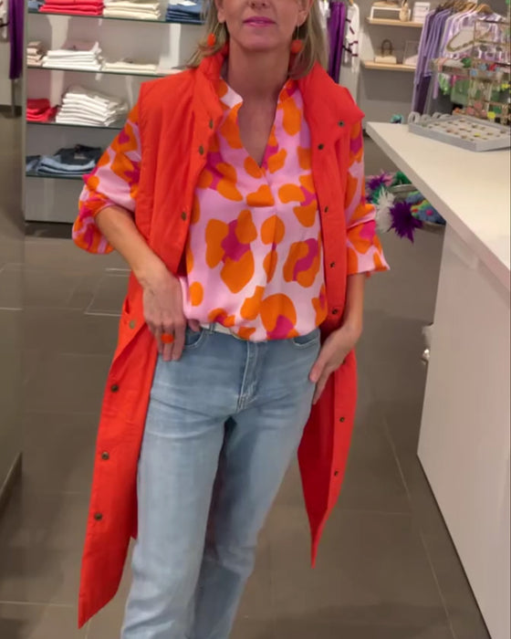 Printet V-hals lanterne ermet casual topp