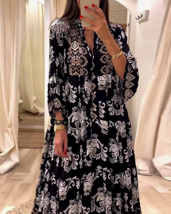 Vintage løs kjole med trykk og plissert