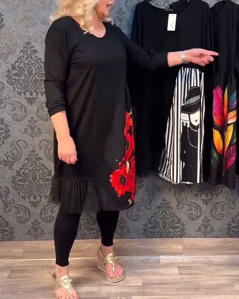 Uformell kjole med skjøtet mesh med blomstertrykk