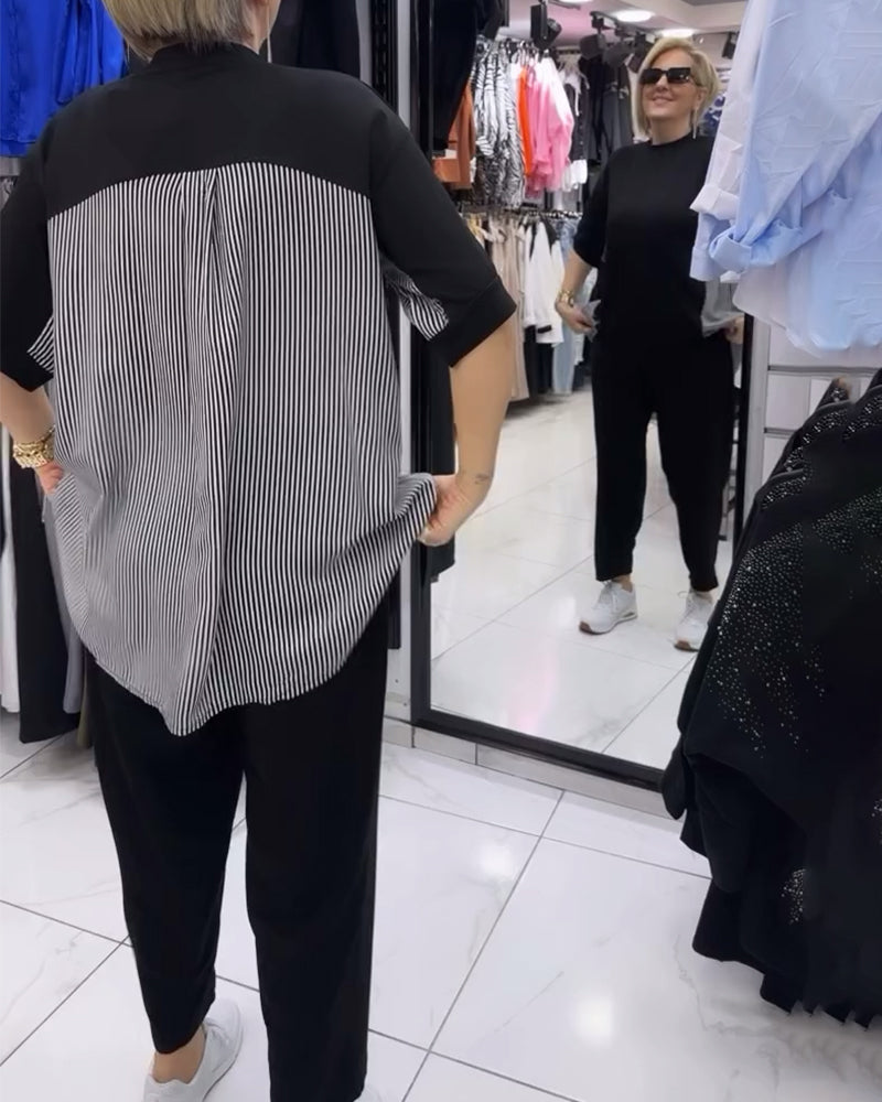 Uformell bluse med lappeteppe av nålestriper