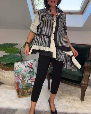 Uregelmessig patchworkskjorte med motetrykt knapp