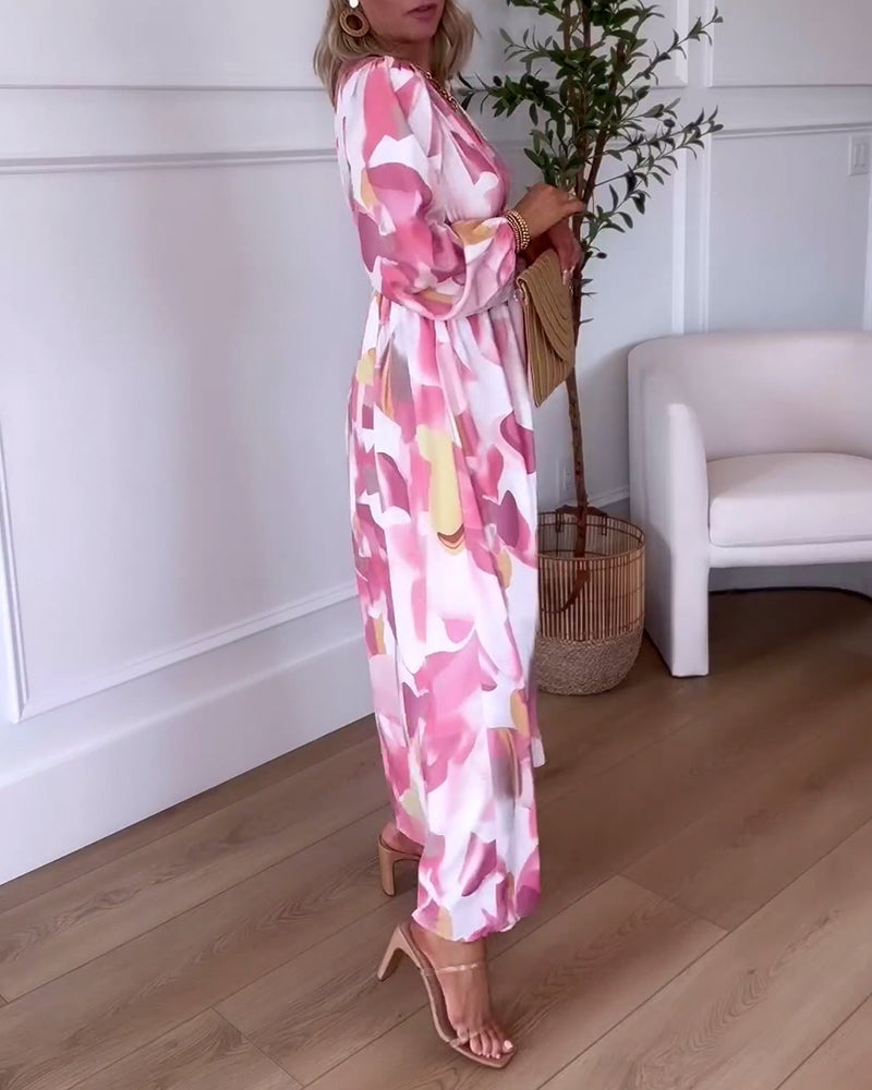 Langermet v-hals elegant printet maxikjole