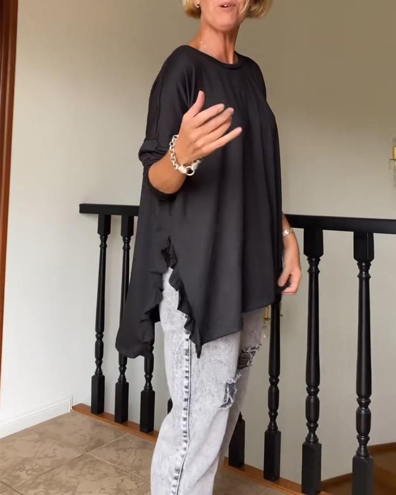 Ensfarget casual bluse med rund hals