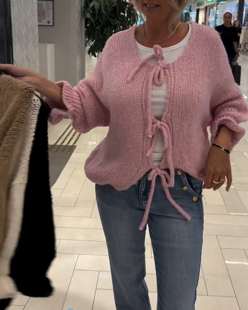 Uformell ensfarget langermet cardigan med snøring