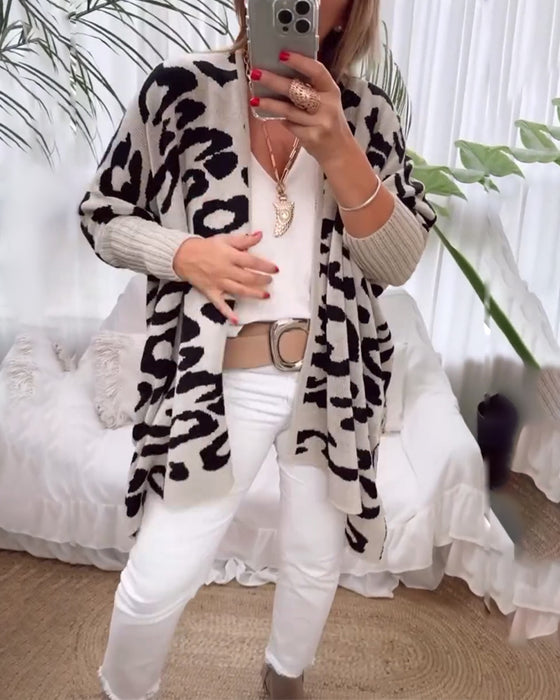 Uformell langermet cardigan med leopardmønster