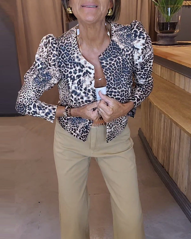 Leopard-trykk puffermer casual jakke