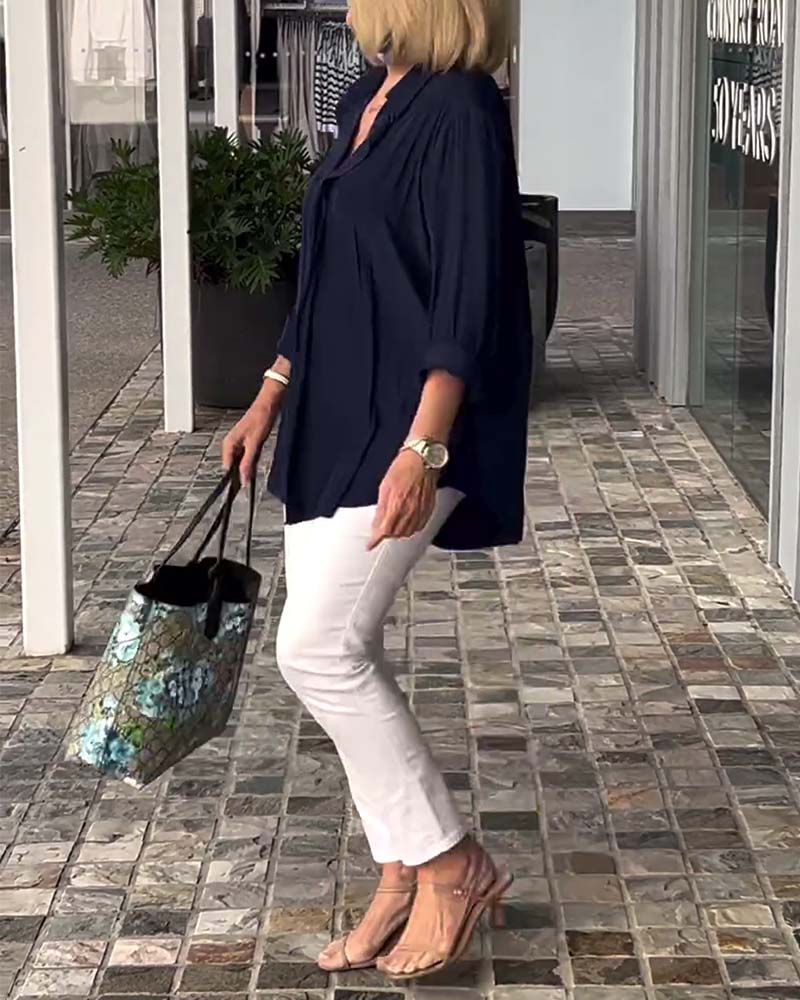 Lapel ensfarget løs bluse