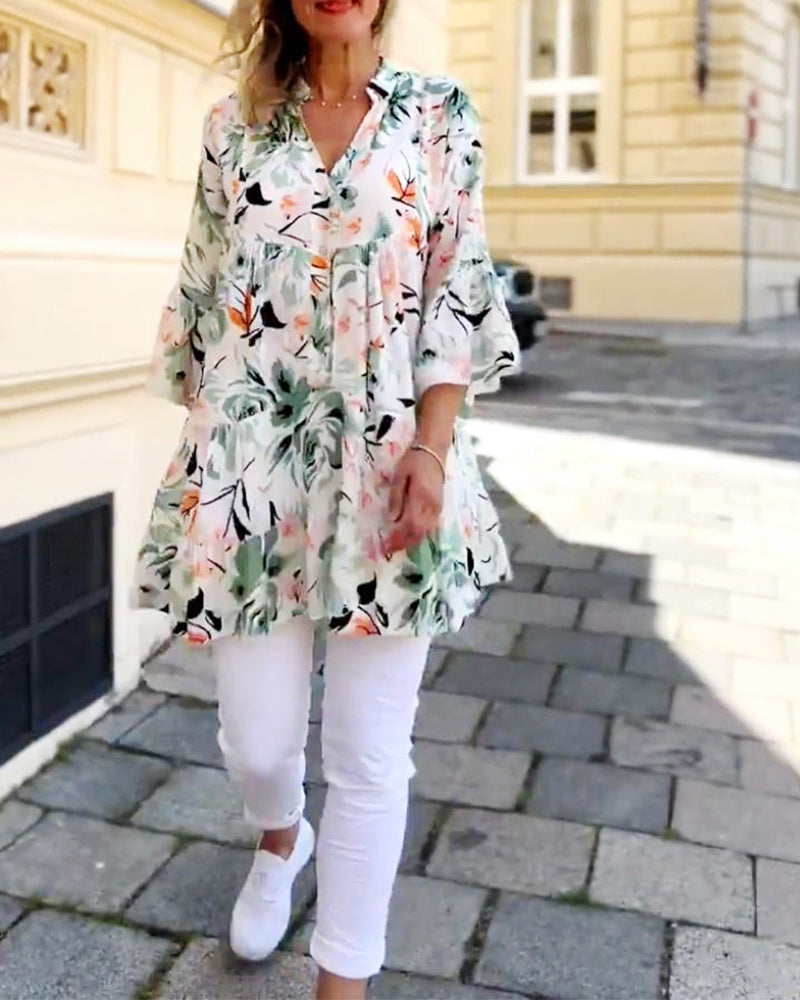 Blomstret elegant bluse med V-hals