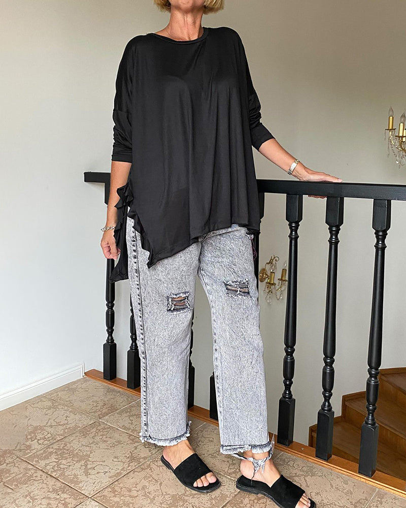 Ensfarget casual bluse med rund hals
