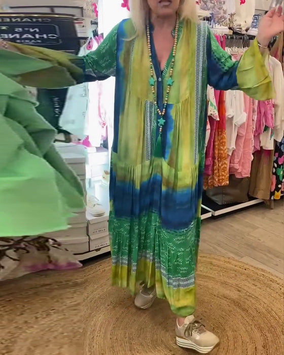 Trykt uformelt V-hals lang kjole med flare ermer