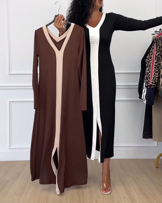 V-hals elegant kjole i kontrastfarge