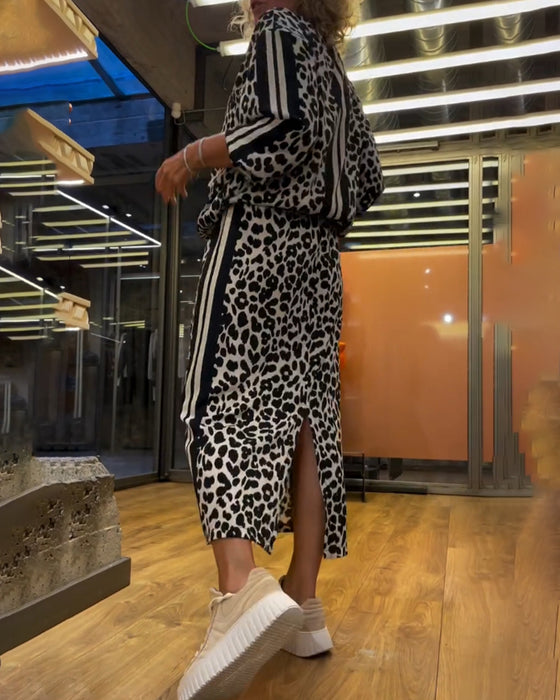 Leopardprint stripete skjørt todelt sett