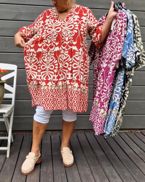 V-hals løs trykket bluse