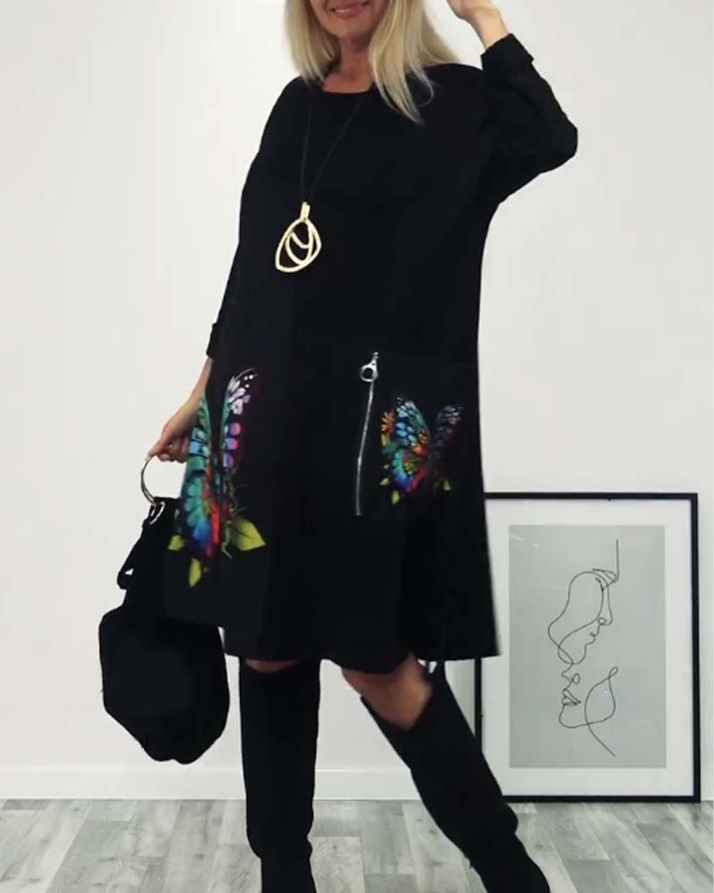 Langermet kjole med sommerfugltrykk