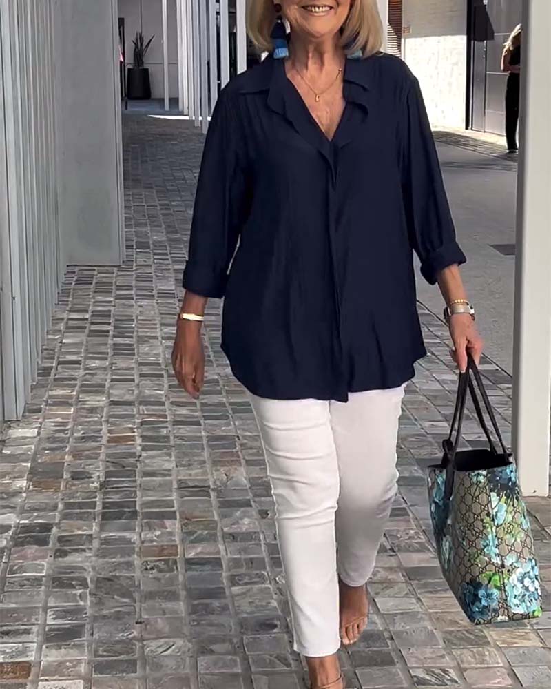 Lapel ensfarget løs bluse