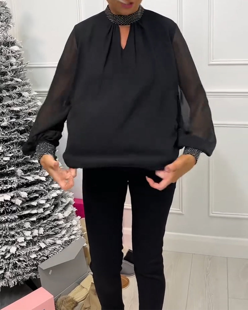 Mote ensfarget bluse med stativ krage patchwork og hul