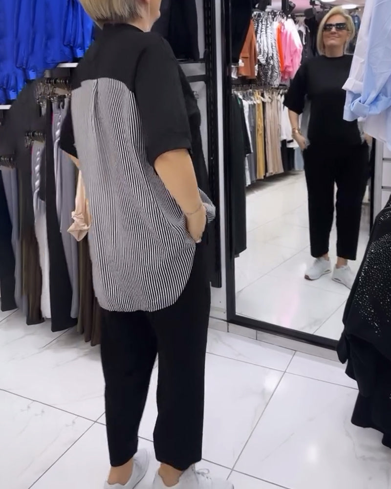 Uformell bluse med lappeteppe av nålestriper