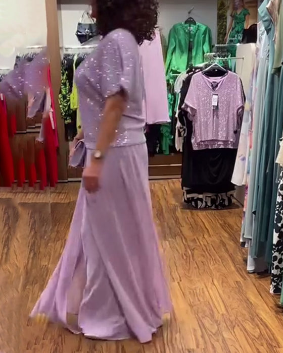 V-hals kortermet løs paljettbluse