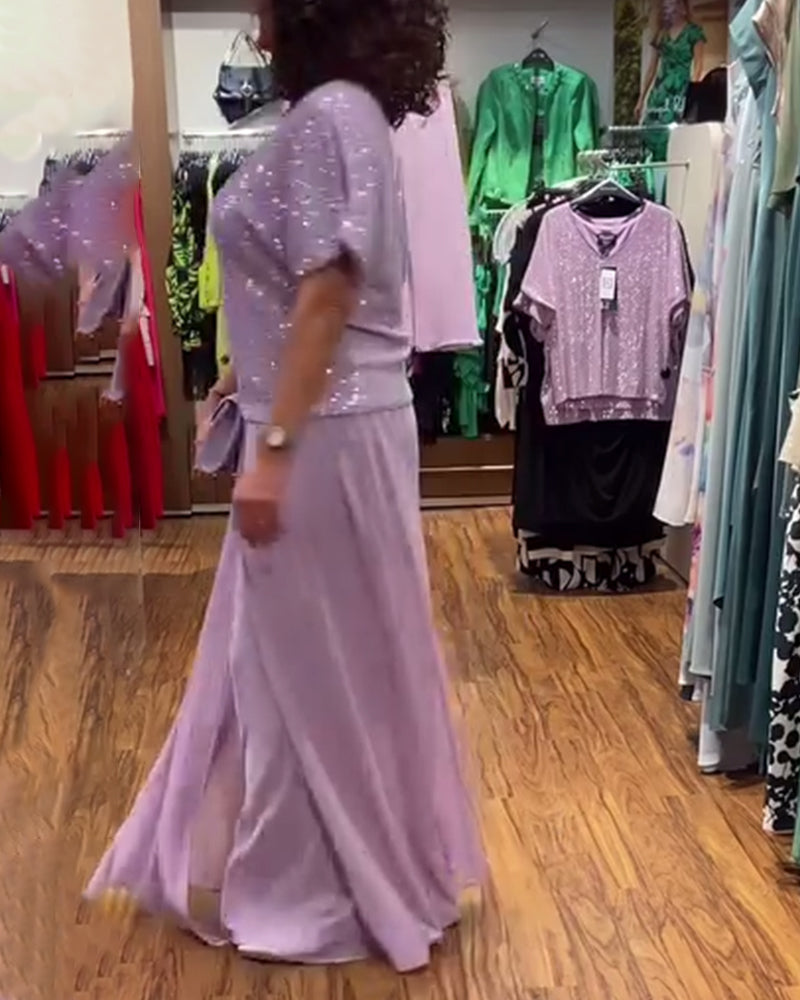 V-hals kortermet løs paljettbluse