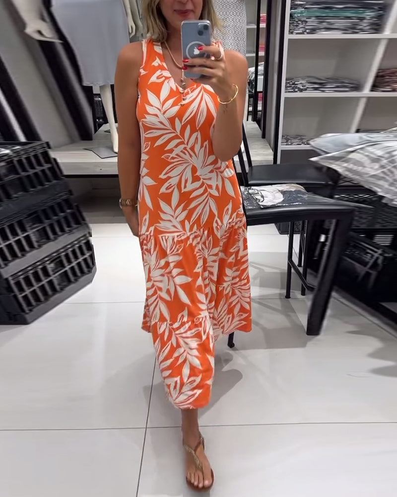 Uformell ermeløs kjole med lønneblad