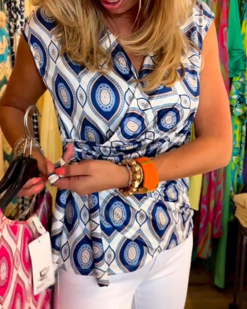 Printet ermeløs topp med snøring