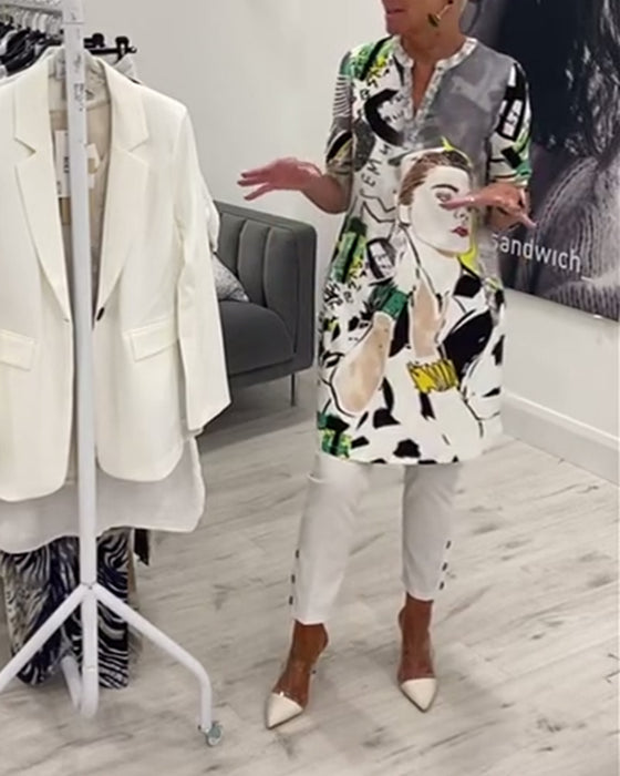 Uformell lang topp med karaktertrykkknapp