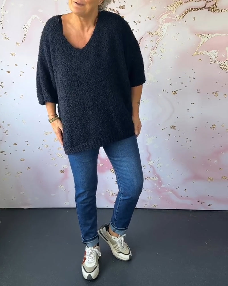 V-hals ensfarget casual genser