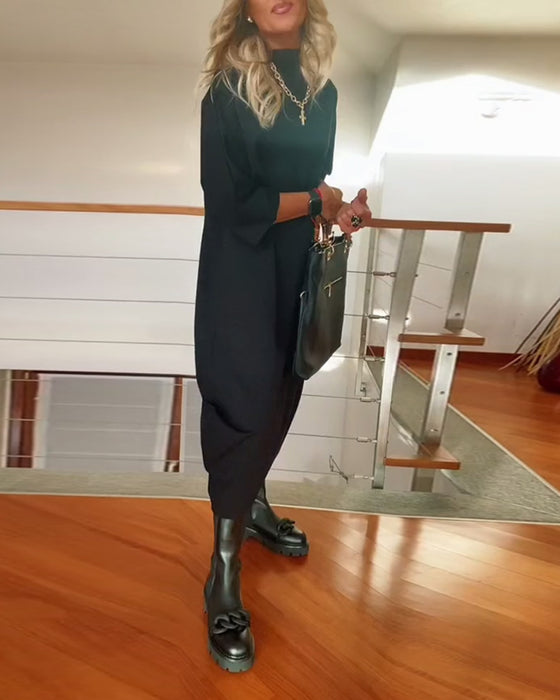 Ensfarget løs fritidskjole med høy krage