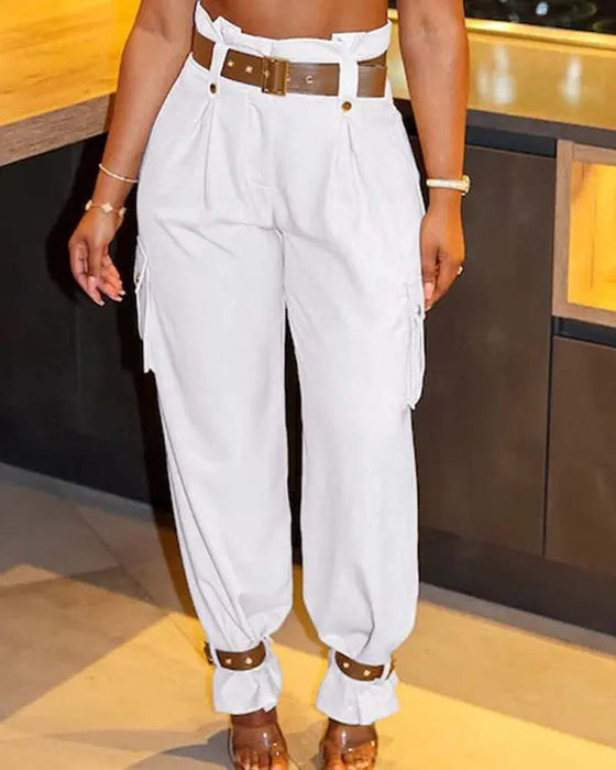 Ensfarget lomme casual cargo bukser