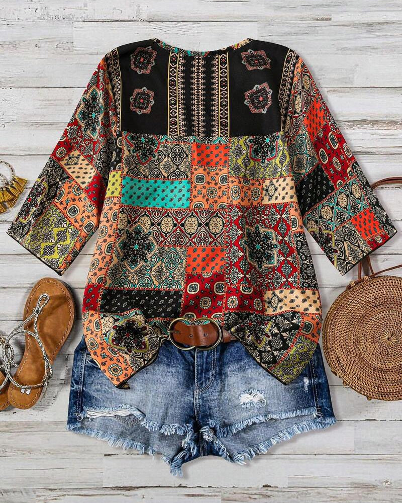 Plissert T-skjorte Med Vintage-Mønster