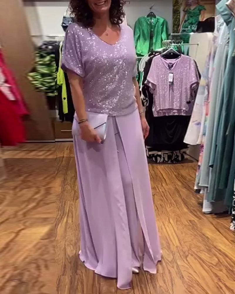 V-hals kortermet løs paljettbluse