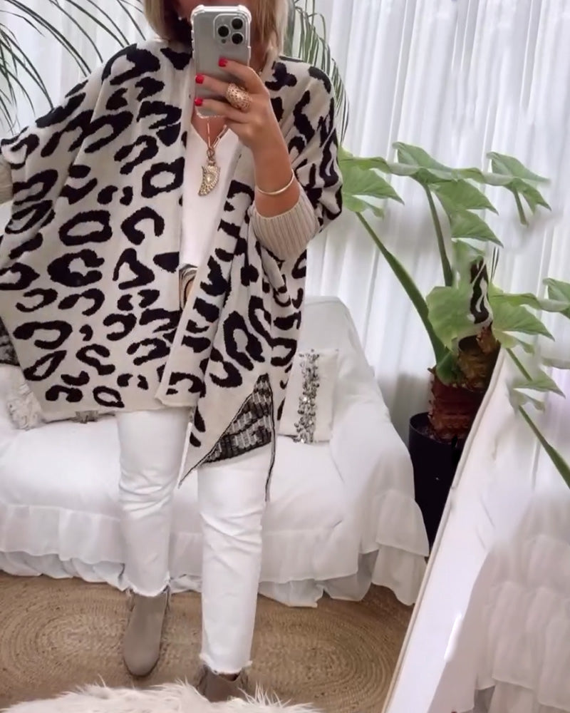 Uformell langermet cardigan med leopardmønster