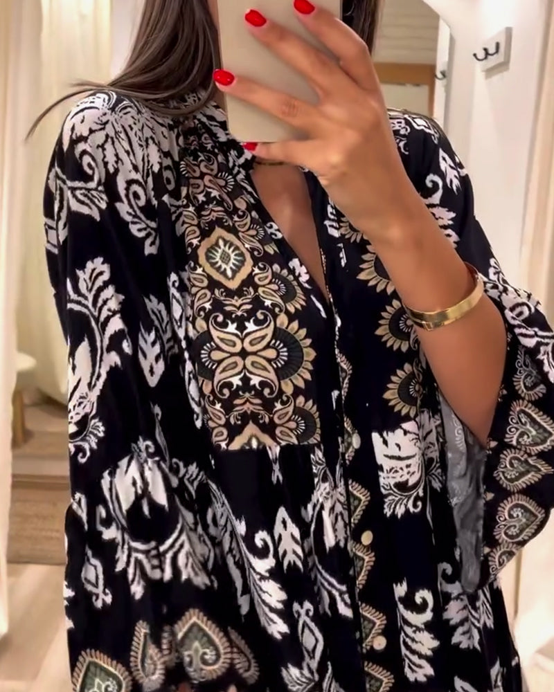 Vintage løs kjole med trykk og plissert